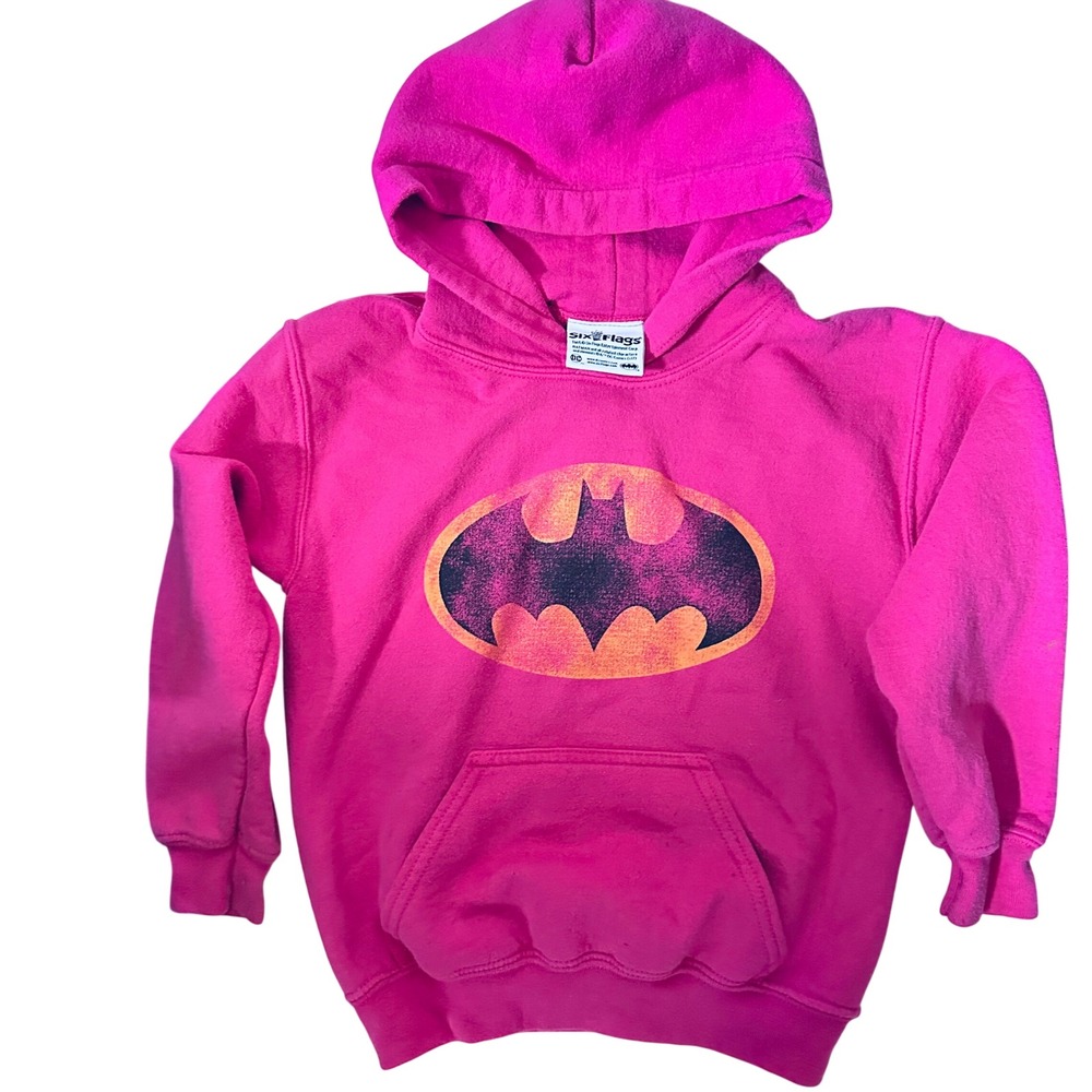 Six Flags Batman Kids Hoodie Pullover Pink Graphic Hooded Sweatshirt‎ small